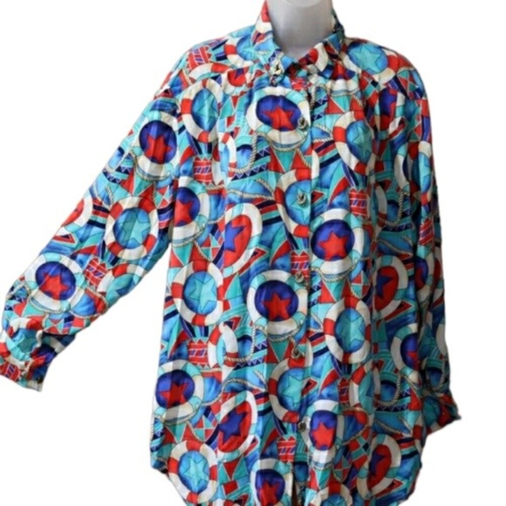 Maggie Sweet Vintage Nautical Grandma Print Blouse Medium Rope Buttons USA